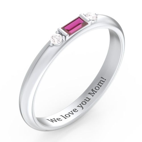 Stackable East-West Baguette Ring with Accents – Sterling Silver with Ruby and White Premium Zirconia