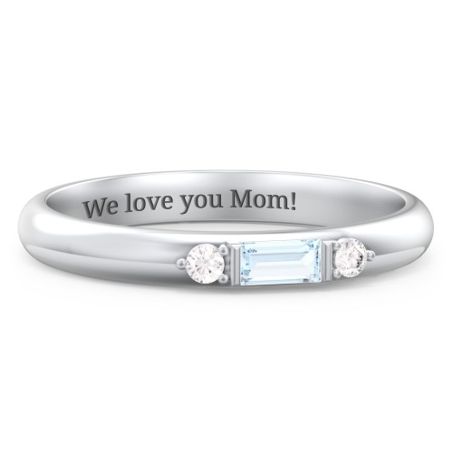 Stackable East-West Baguette Ring with Accents – Sterling Silver with Aquamarine and White Premium Zirconia