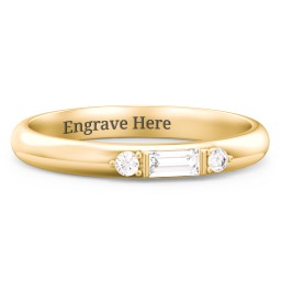 Stackable East-West Baguette Ring with Accents in 10K Solid Yellow Gold with White Sapphire and White Premium Zirconia