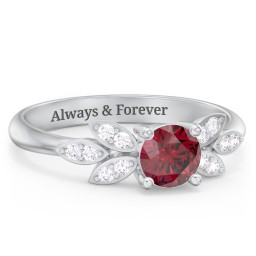 Round Birthstone Ring With Petal Accents