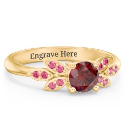 Round Birthstone Ring With Petal Accents