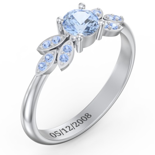 Round Birthstone Ring With Petal Accents – Sterling Silver with Aquamarine and Fancy Blue Premium Zirconia