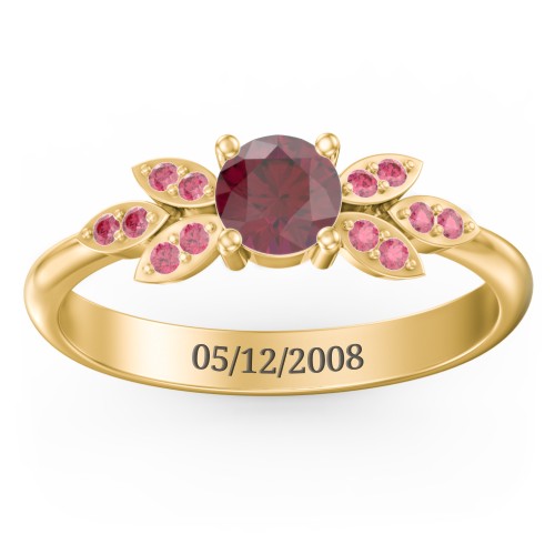 Round Birthstone Ring With Petal Accents – 18K Gold Plated Silver with Ruby and Red Premium Zirconia
