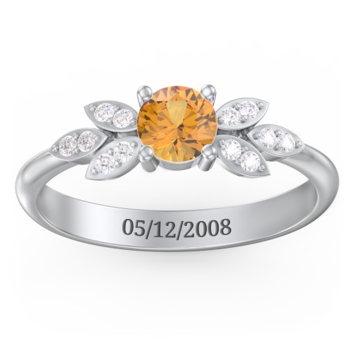 Round Birthstone Ring With Petal Accents