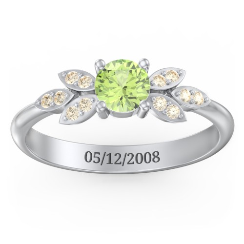 Round Birthstone Ring With Petal Accents