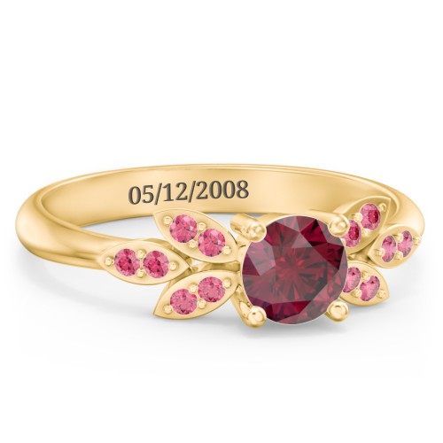 Round Birthstone Ring With Petal Accents – 18K Gold Plated Silver with Ruby and Red Premium Zirconia