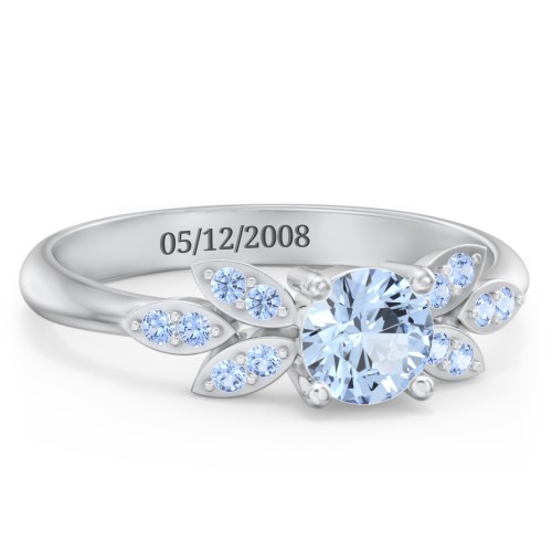Round Birthstone Ring With Petal Accents – Sterling Silver with Aquamarine and Fancy Blue Premium Zirconia