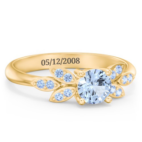 Round Birthstone Ring With Petal Accents – 18K Gold Plated Silver with Aquamarine and Fancy Blue Premium Zirconia