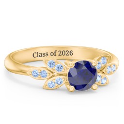 Round Birthstone Ring With Petal Accents in 18K Gold Plated Silver with Blue Sapphire and Fancy Blue Premium Zirconia