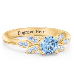 Round Birthstone Ring With Petal Accents in 18K Gold Plated Silver with Blue Topaz and Fancy Blue Premium Zirconia