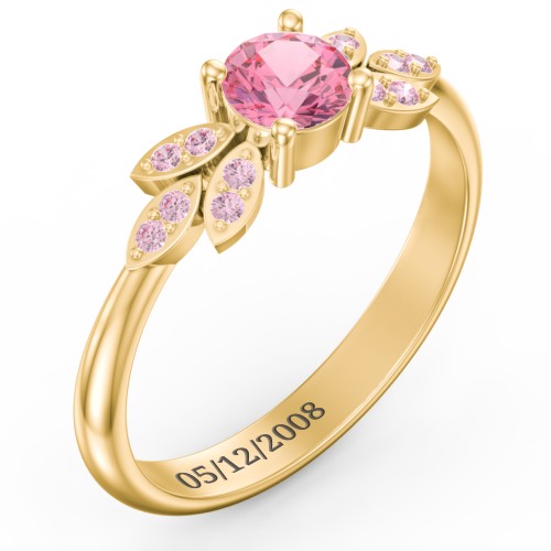 Round Birthstone Ring With Petal Accents – 18K Gold Plated Silver with Pink Tourmaline and Fancy Pink Premium Zirconia