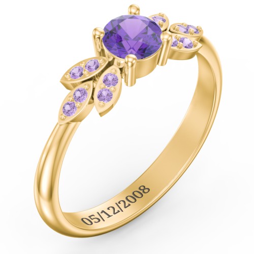 Round Birthstone Ring With Petal Accents – 18K Gold Plated Silver with Amethyst and Amethyst Premium Zirconia
