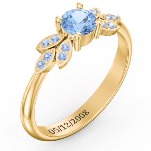 Round Birthstone Ring With Petal Accents – 18K Gold Plated Silver with Blue Topaz and Fancy Blue Premium Zirconia