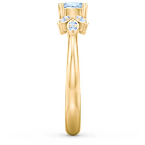 Round Birthstone Ring With Petal Accents – 18K Gold Plated Silver with Aquamarine and Fancy Blue Premium Zirconia