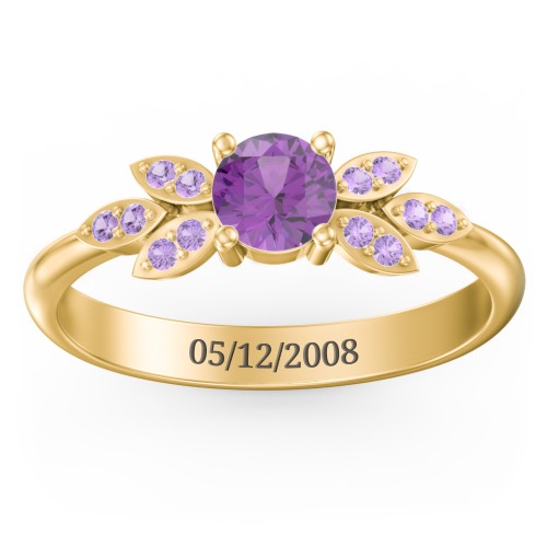 Round Birthstone Ring With Petal Accents – 18K Gold Plated Silver with Amethyst and Amethyst Premium Zirconia