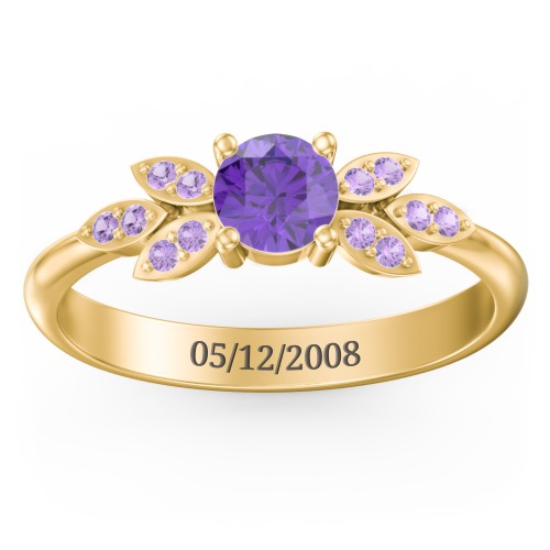 Round Birthstone Ring With Petal Accents – 18K Gold Plated Silver with Amethyst and Amethyst Premium Zirconia