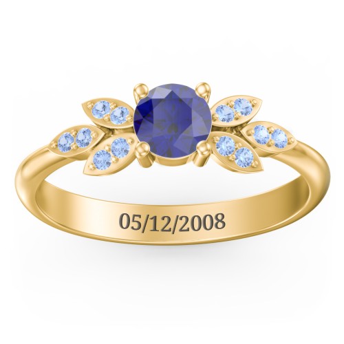 Round Birthstone Ring With Petal Accents – 18K Gold Plated Silver with Blue Sapphire and Fancy Blue Premium Zirconia