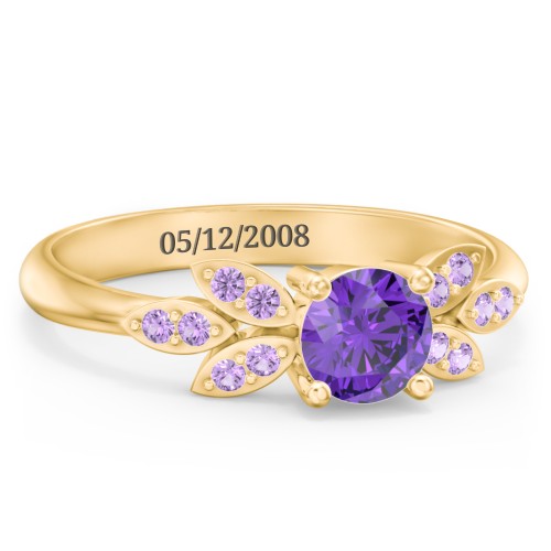 Round Birthstone Ring With Petal Accents – 18K Gold Plated Silver with Amethyst and Amethyst Premium Zirconia
