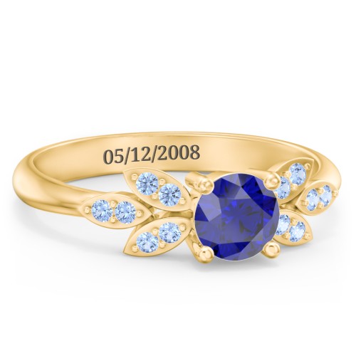 Round Birthstone Ring With Petal Accents – 18K Gold Plated Silver with Blue Sapphire and Fancy Blue Premium Zirconia