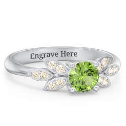Round Birthstone Ring With Petal Accents in 925 Sterling Silver with Peridot and Fancy Yellow Premium Zirconia