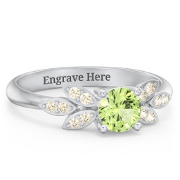 Round Birthstone Ring With Petal Accents in 925 Sterling Silver with Peridot and Fancy Yellow Premium Zirconia