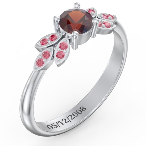 Round Birthstone Ring With Petal Accents – Sterling Silver with Garnet and Red Premium Zirconia