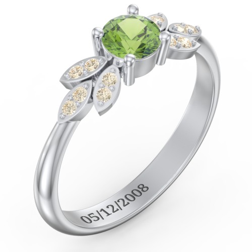 Round Birthstone Ring With Petal Accents – Sterling Silver with Peridot and Fancy Yellow Premium Zirconia