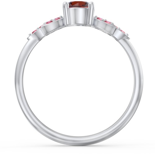 Round Birthstone Ring With Petal Accents – Sterling Silver with Garnet and Red Premium Zirconia