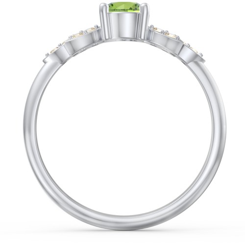 Round Birthstone Ring With Petal Accents – Sterling Silver with Peridot and Fancy Yellow Premium Zirconia