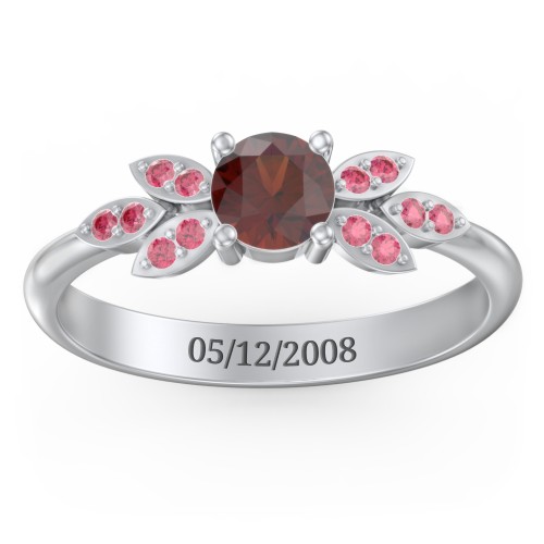 Round Birthstone Ring With Petal Accents – Sterling Silver with Garnet and Red Premium Zirconia