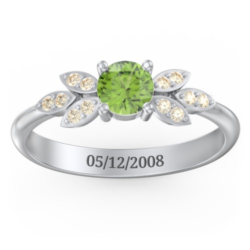 Round Birthstone Ring With Petal Accents – Sterling Silver with Peridot and Fancy Yellow Premium Zirconia