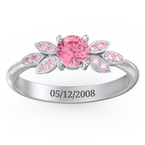 Round Birthstone Ring With Petal Accents – Sterling Silver with Pink Tourmaline and Fancy Pink Premium Zirconia
