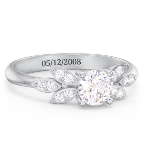 Round Birthstone Ring With Petal Accents – Sterling Silver with Diamond