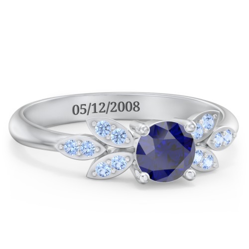 Round Birthstone Ring With Petal Accents – Sterling Silver with Blue Sapphire and Fancy Blue Premium Zirconia