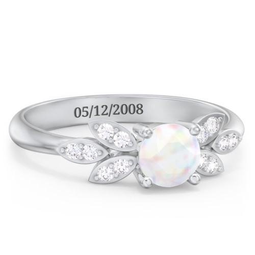 Round Birthstone Ring With Petal Accents – Sterling Silver with Opal and White Premium Zirconia