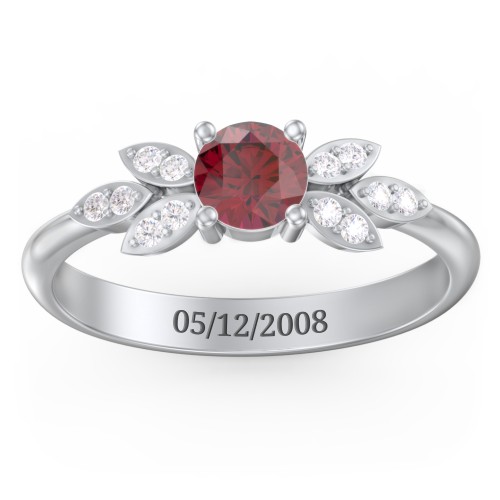 Round Birthstone Ring With Petal Accents – 10K White Gold with Ruby and White Premium Zirconia
