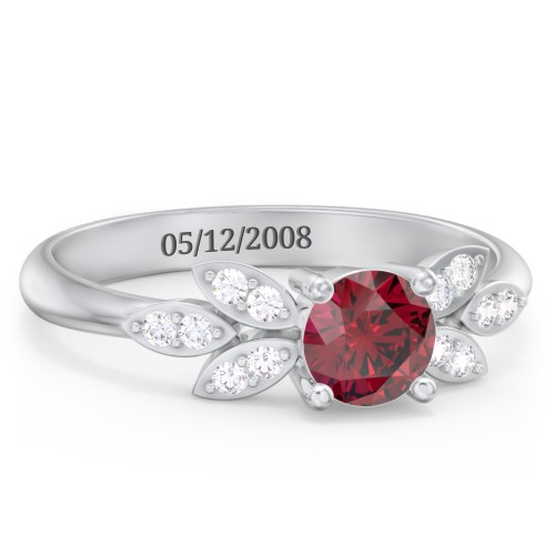 Round Birthstone Ring With Petal Accents – 10K White Gold with Ruby and White Premium Zirconia
