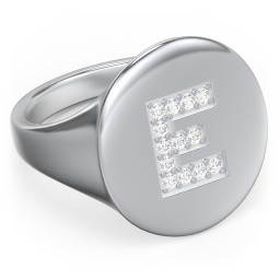 Pavé Initial Signet Ring - E in 925 Sterling Silver with White Premium Zirconia