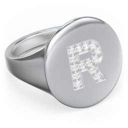 Pavé Initial Signet Ring - R in 925 Sterling Silver with White Premium Zirconia