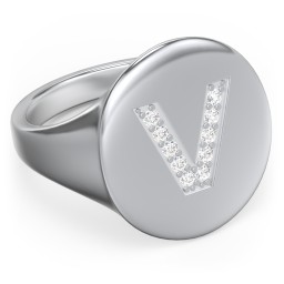 Pavé Initial Signet Ring - V in 925 Sterling Silver with White Premium Zirconia