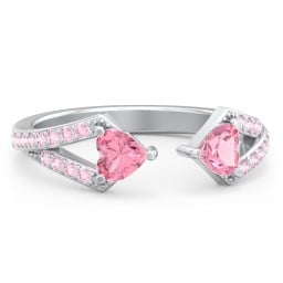 Double Heart Birthstone Open Cuff Ring with Accents