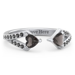 Double Heart Birthstone Open Cuff Ring with Accents