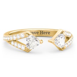 Double Heart Birthstone Open Cuff Ring with Accents in 18K Gold Plated Silver with Cubic Zirconia and White Premium Zirconia