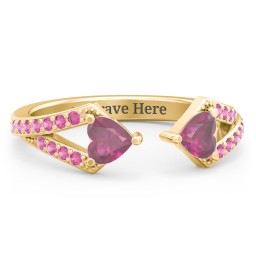 Double Heart Birthstone Open Cuff Ring with Accents in 18K Gold Plated Silver with Ruby and Red Premium Zirconia
