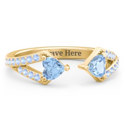 Double Heart Birthstone Open Cuff Ring with Accents in 18K Gold Plated Silver with Blue Topaz and Fancy Blue Premium Zirconia