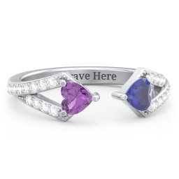 Double Heart Birthstone Open Cuff Ring with Accents in 10K Solid White Gold with Amethyst, Blue Sapphire, and White Premium Zirconia
