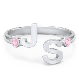 Double Initial Open Cuff Ring with Birthstones