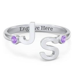 Double Initial Open Cuff Ring with Birthstones