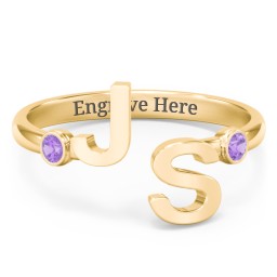 Double Initial Open Cuff Ring with Birthstones in 18K Gold Plated Silver with Amethyst