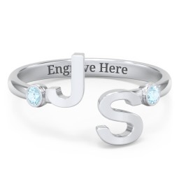 Double Initial Open Cuff Ring with Birthstones